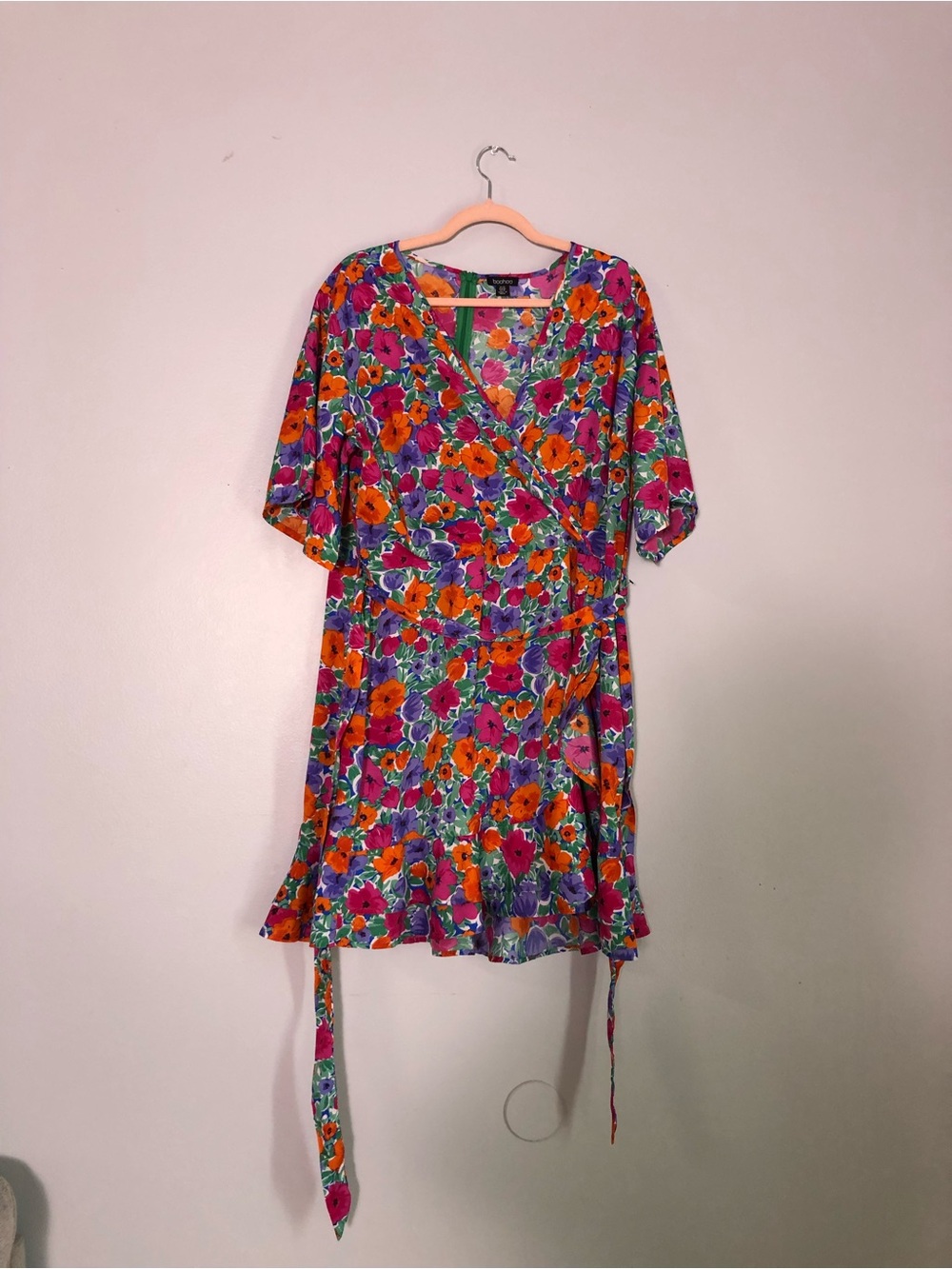 Boohoo Orange Pink Purple Floral Wrap Mini Dress